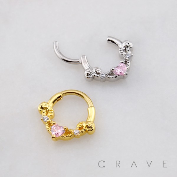 CZ HEART AND LEAF 316L SURGICAL STEEL SEPTUM HINGED SEGMENT RING